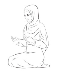 Beautiful young muslim woman pray. vector illustration isolated cartoon hand drawn line art