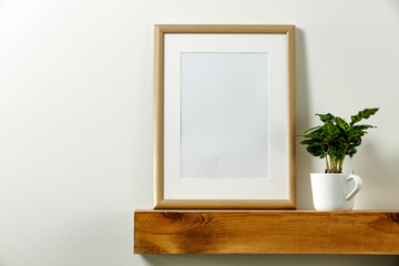 Wooden old shelf of free space for your decoration and white cups of coffee plant. 
