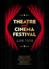 Vertical theatre and cinema festival background with red curtains, graphic elements and text.  - obrazy, fototapety, plakaty