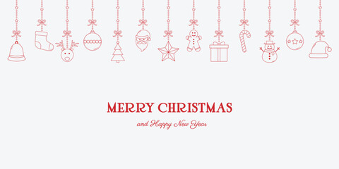 Fototapeta na wymiar Minimalist Christmas greeting card with hanging ornaments and text. Xmas decoration. Vector