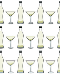 Bottle and glass of martini seamless pattern
