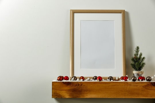 Wooden shelf of free space and christmas composition. 