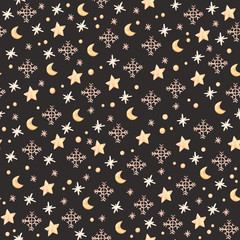 Watercolor Christmas Seamless pattern with snowflakes. Winter background with golden stars, moons and snow. Perfect for wrapping paper, fabric, textile, wedding invitations, packing