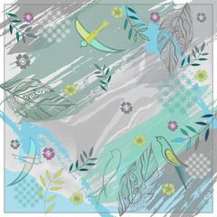 Abstract scarf design with floral ornament, birds and feathers.