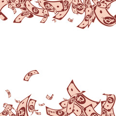 Russian ruble notes falling. Messy RUB bills on wh