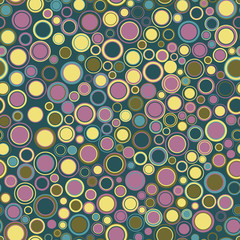 Seamless pattern. Consists of geometric figures having round shape and different color, located on a green background. Useful as design element for texture and artistic composition. - 300093896