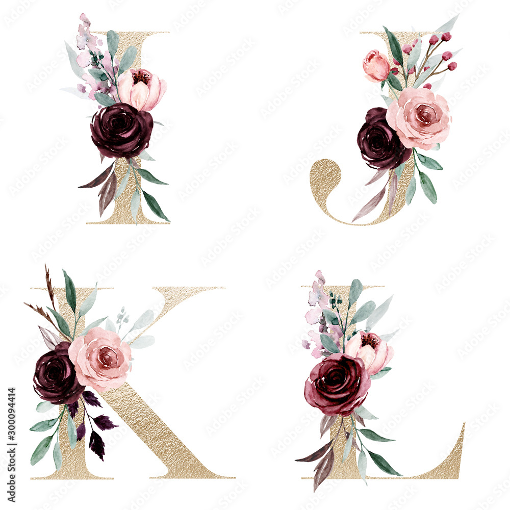 Wall mural floral gold alphabet, letters set with watercolor flowers roses and leaf. monogram initials perfectl - Wall murals