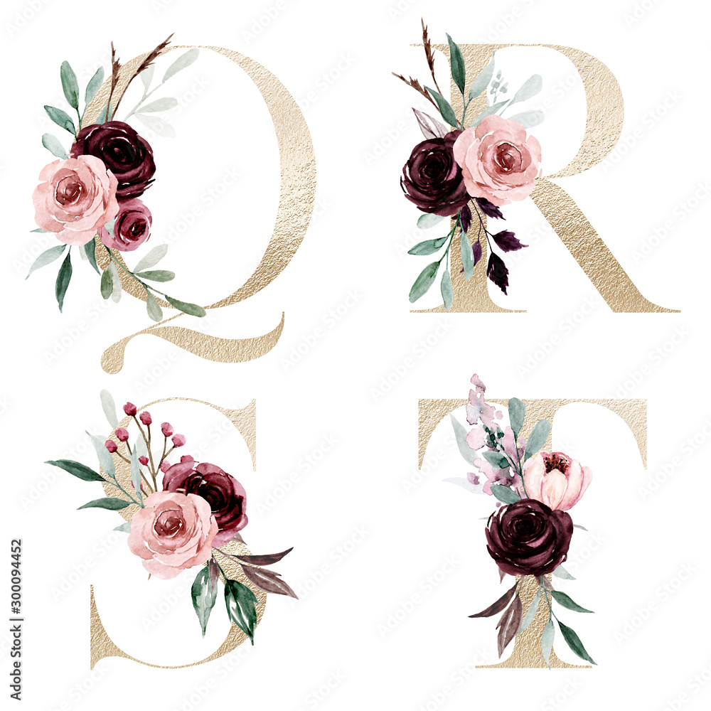 Canvas Prints floral gold alphabet, letters set with watercolor flowers roses and leaf. monogram initials perfectl - Canvas Prints