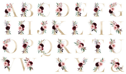 Floral gold alphabet, letters set with watercolor flowers roses and leaf. Monogram initials perfectly for wedding invitation, greeting card, logo, poster and other. Holiday design hand painting.