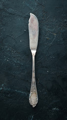 Old knife Cutlery. Top view. Free space for your text.