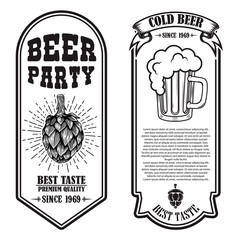 Set of beer flyers with hop and beer mug illustrations. Design element for poster, banner, sign, emblem. Vector illustration