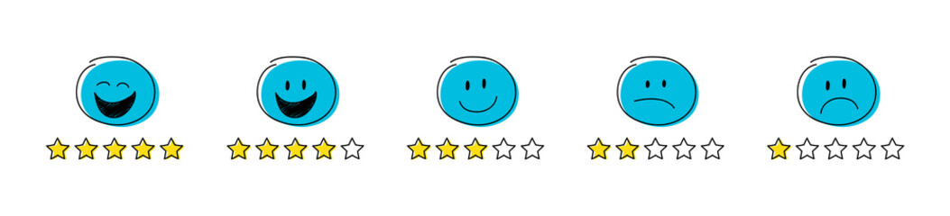 Collection of star rating icons - funny stickamn with different facial expressions. Vector.