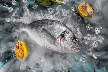 Raw dorada fish with ingredients on dark background