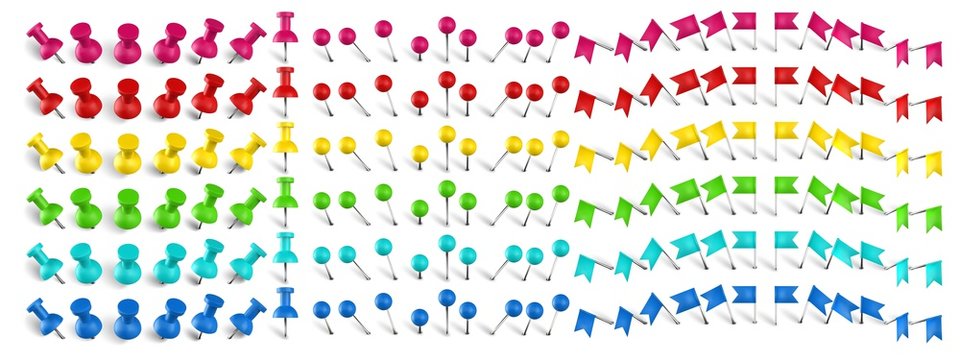 Colorful pushpin, pin flag and thumbtack. Color location mark pin, red flags and realistic pins vector set. Stationery items. Plastic paperwork and sewing accessories. Collection of needles