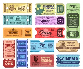 Naklejka premium Vintage tickets. Admit one ticket on circus show, cinema movie night admission coupon and theatre tickets vector set. Realistic retro colorful vouchers. Control pass, bright event invitations