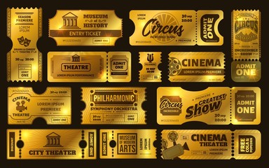 Golden tickets. Gold circus show ticket, premium cinema movie night coupon and theatre tickets vector set. Shiny vouchers, invitations. Limited tickets with tear off elements. Vip pass control - obrazy, fototapety, plakaty