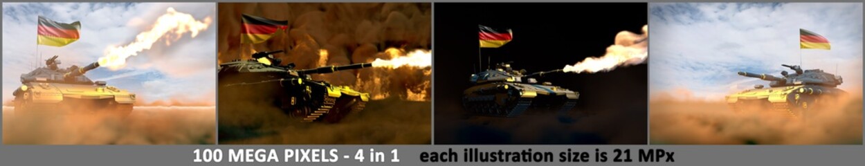 Fototapeta na wymiar Germany army concept - 4 very high resolution images of heavy tank with fictive design with Germany flag, military 3D Illustration