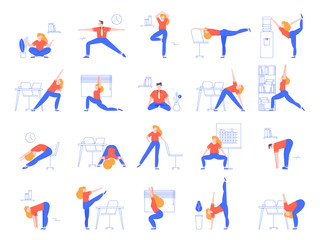 Fototapeta na wymiar Office yoga exercises. Fitness and yoga workout for office workers, relaxing and stretching in office space vector illustration set. Asana practice at workplace. Meditation, zen, healthy lifestyle