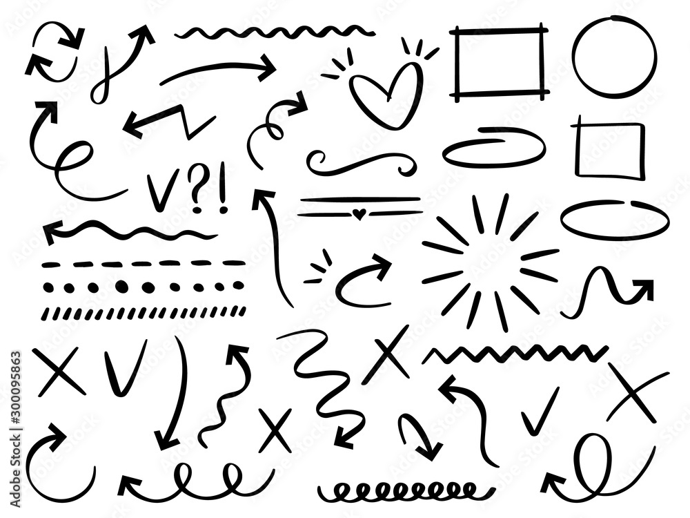 Poster sketch arrows and frames. hand drawn arrow, doodle divider and circle, oval and square frame vector 