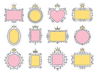 Cute princess frames. Pink mirror frame with princesses crown, majestic hand drawn text borders and royal doodle frame vector set. Collection of maiden boards with victorian diadems and curly elements