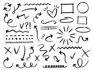 Sketch arrows and frames. Hand drawn arrow, doodle divider and circle, oval and square frame vector set. Underline and navigation symbols. Dotted and curvy lines. Scribble elements, cursors - obrazy, fototapety, plakaty