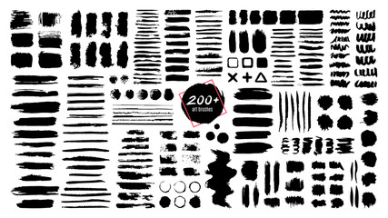 Ink textured brush. Grunge strokes and dirty texture paint splatters. Artistic brush blots, frames and text boxes isolated vector set. Black swatches, stains and smears. Paintbrush, abstract traces