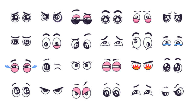 Cartoon eyes. Comic funny expression eyes with various emotions, crying eyes, laughing, angry and cute winking eyes isolated vector illustration set. Expressive vision. Staring, looking