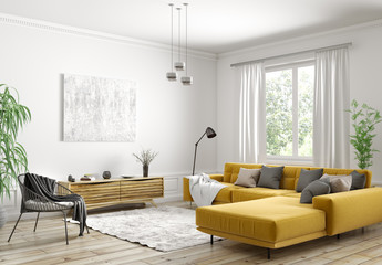 Interior design of modern scandinavian apartment, living room 3d rendering - obrazy, fototapety, plakaty