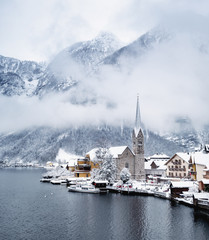Hallstat village in the Austria. Beautiful village in the mountain valley near lake. Mountains landscape and old town. Travel - Austria - obrazy, fototapety, plakaty