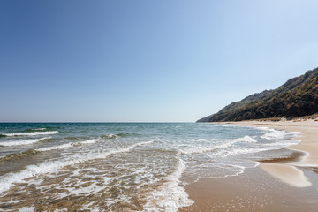 Fototapeta na wymiar Panoramic View Of The Empty Beach And Waves, Black Sea