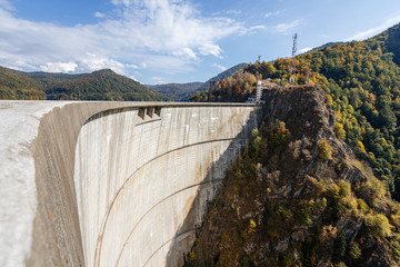 Dam and reservoir on Lake Vidraru. Hydropower construction, waterworks Dam Vidrau on Transfagarash highway in Romania