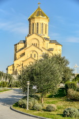 Around view of The Holy Trinity Cathedral of Tbilisi (Sameba) and buildings in old Tbilisi