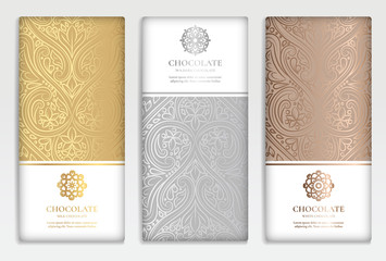 Silver and gold vintage set of chocolate bar packaging design. Vector luxury template with ornament elements. Can be used for background and wallpaper. Great for food and drink package types.