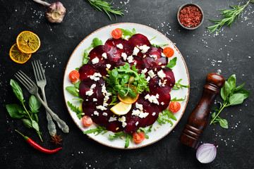 Beet vegetable salad with feta cheese. Food. Top view. Free space for your text.
