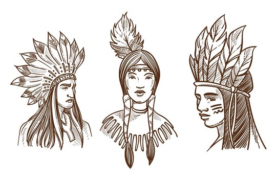 Native Americans isolated sketch portraits of Indians
