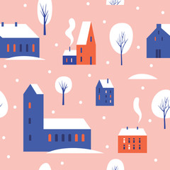 Seamless pattern with winter city on a pink background. Snow-covered cute houses and white trees. Template for use in wrapping paper design, textile, packaging. Vector flat illustration.