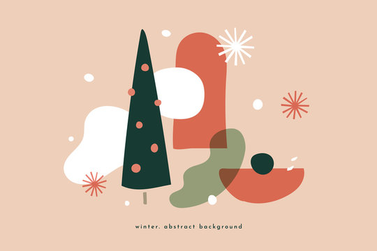 Modern christmas picture with abstract shapes christmas tree. Trendy colorful pictures in a flat style. Can be used for wrapping paper design, holiday packaging. Vector illustration.