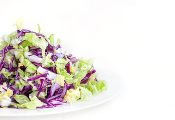 Side view vegan mix salad of fresh red and green cabbage on a white background close-up, side view