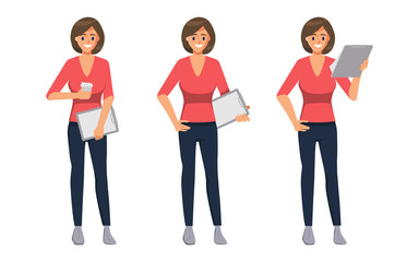 Character business woman pose set. Office worker human resource. Businesswoman holding a clipboard.