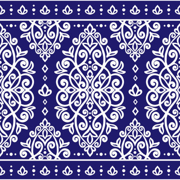 White and blue decorative seamless pattern with ornamental stripes. Traditional oriental motifs. Vintage ornament template. Paisley elements. Great for fabric and textile.