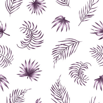 Vector seamless pattern with purple palm tree leaves on white background. Summer tropical repeat exotic backdrop. Jungle ornament..