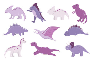 Vector set of cute pink and purple dinosaurs for children. Dino flat cartoon characters. Cute prehistoric reptiles illustration..