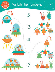 Fototapeta na wymiar Matching game with aliens and UFOs. Space math activity for preschool children. Counting worksheet. Educational riddle with cute funny characters..