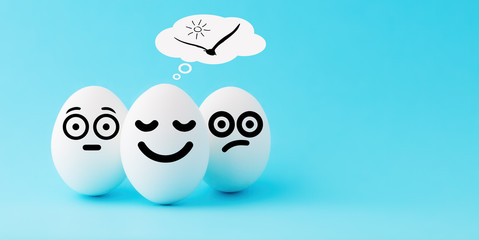 A chicken egg aspiring to become a seagull with two suprised eggs next to it. Concept of imagination, dream, illusion or fantasy.