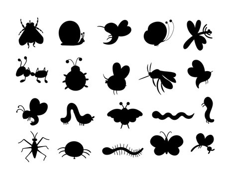 Set of vector hand drawn flat insects silhouettes. Funny bugs collection. Cute forest illustration with butterflies, bees, caterpillars for children’s design, print, stationery.