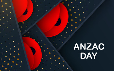 Black layers Vector Lest We Forget card. Craft Red Poppies Field Anzac Day banner. Papercut Poppy flower peace symbol. Anzac, Memorial, Veteran header. Military lettering