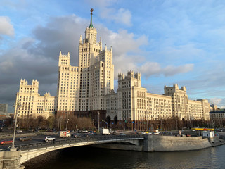 Fototapeta na wymiar Moscow, Russia, November, 02, 2019. High-rise building on Kotelnicheskaya embankment in autumn
