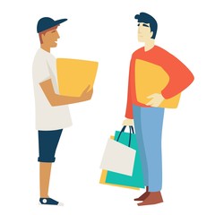 Shopping man with box or parcel and guy with bags or packs