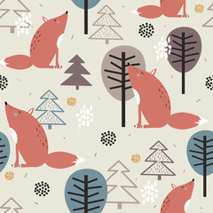 Foxes, fir trees and trees, hand drawn backdrop. Colorful seamless pattern with animals. Decorative cute wallpaper, good for printing. Overlapping background vector. Design illustration