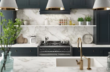 Foto op Plexiglas Residential interior of modern kitchen in luxury mansion, 3d rendering © Aldeca Productions